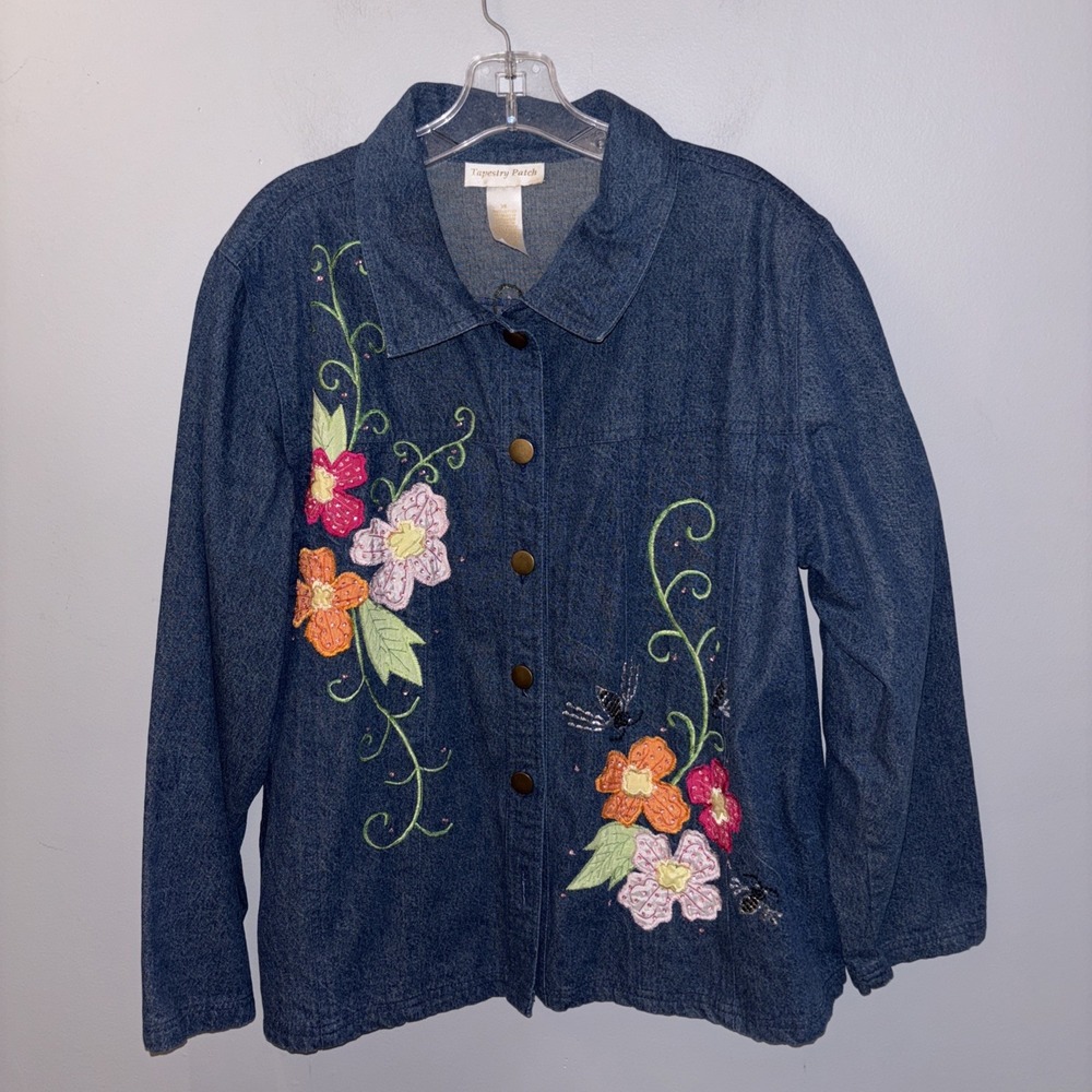 Tapestry Patch 90s Vintage Lightweight Denim Jacket Floral Appliqué Sequins SzXL